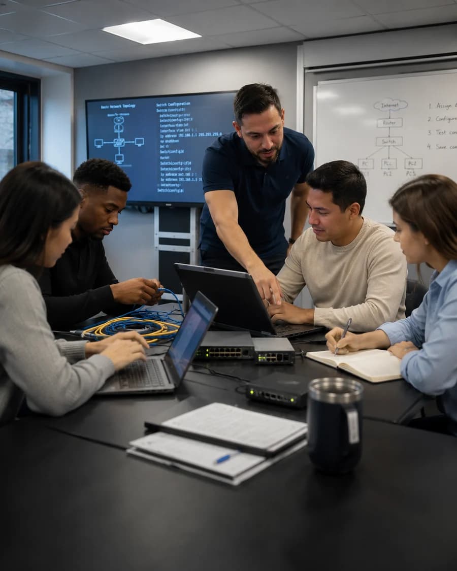 A Fatiness engineer guiding a group through switch configuration on laptops in a training room