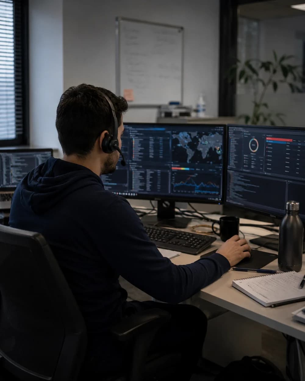 A security analyst monitoring threat dashboards across multiple screens
