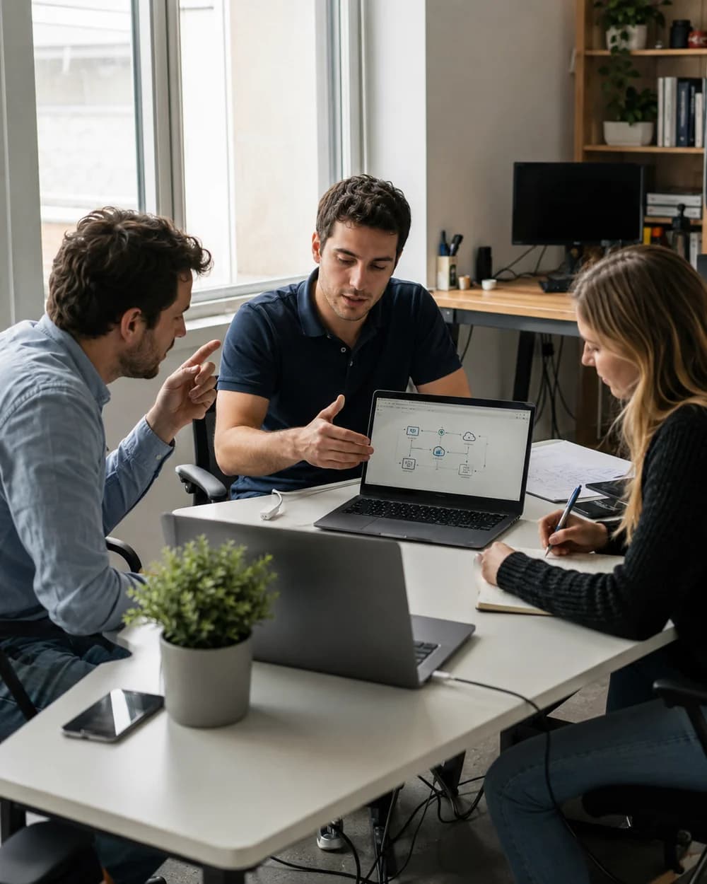 A small Fatiness team collaborating around a laptop at a table