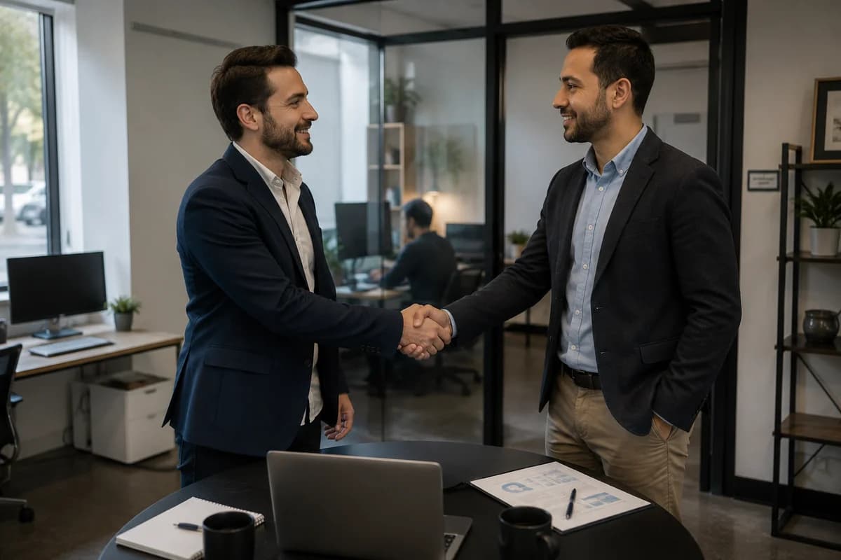 Two professionals shaking hands in an office