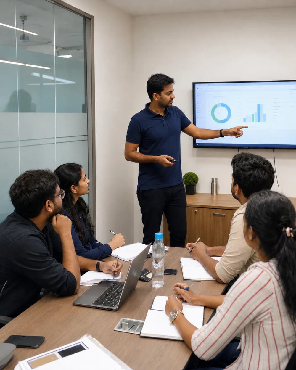 A Fatiness instructor presenting a chart on screen to a small seated group