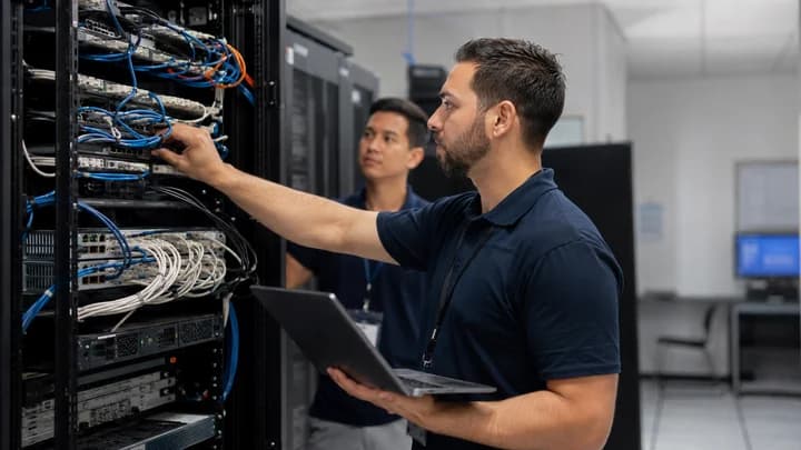A Fatiness technician tracing cabling on a network rack while a colleague looks on