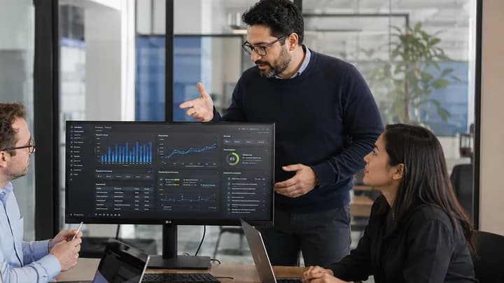 A Fatiness consultant presenting analytics dashboards to colleagues gathered around a monitor
